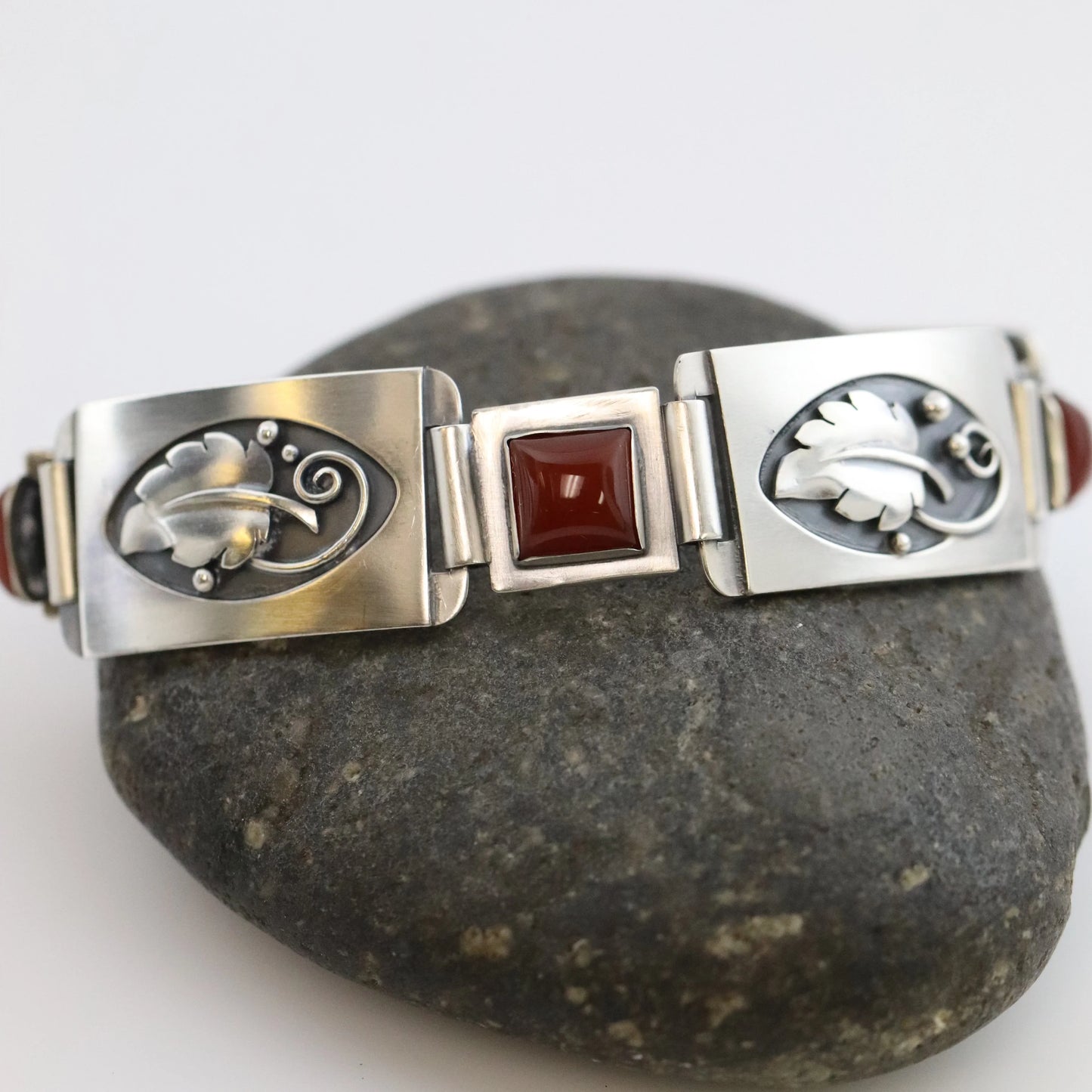 Vintage Lawrence Foss Silver Jewelry | Foliate and Carnelian Bracelet - Carmel Fine Silver Jewelry