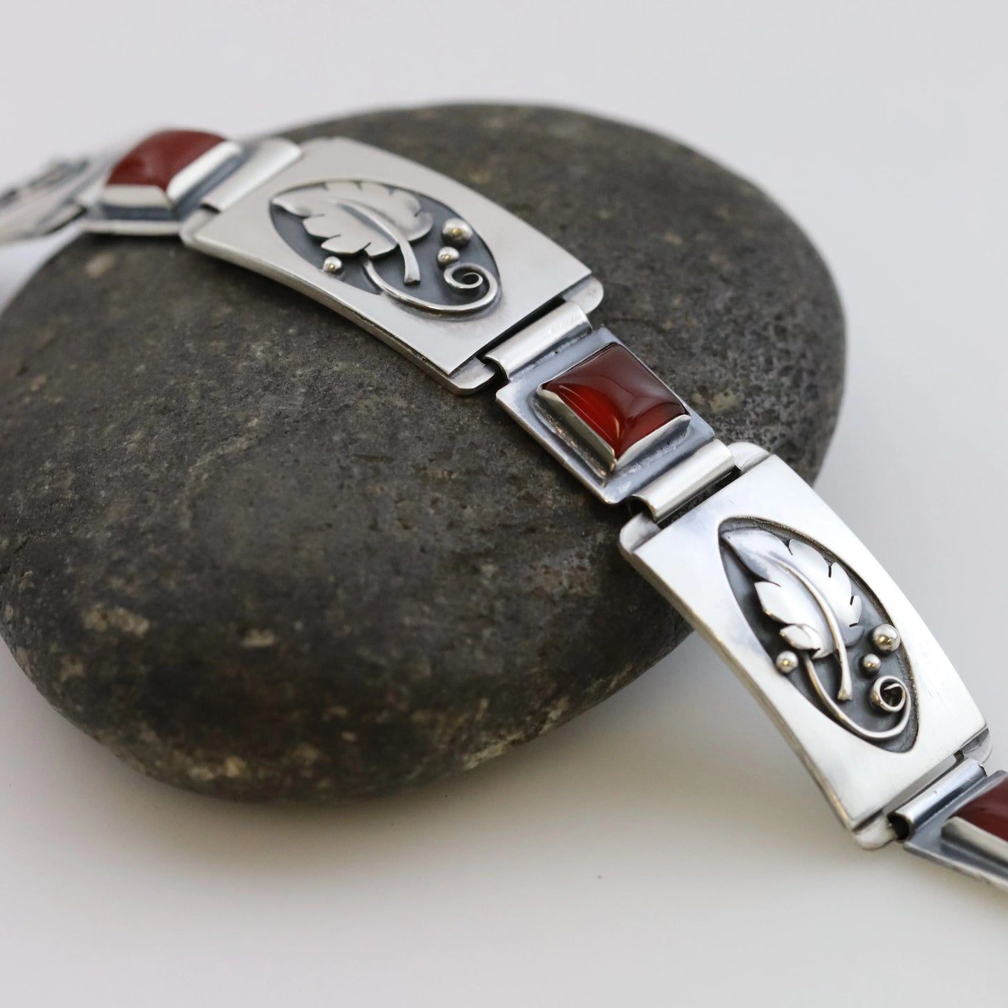 Vintage Lawrence Foss Silver Jewelry | Foliate and Carnelian Bracelet - Carmel Fine Silver Jewelry