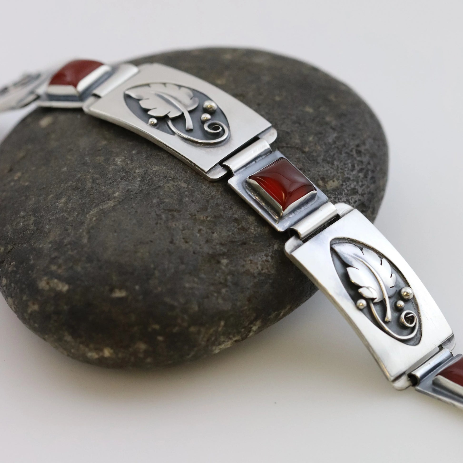 Vintage Lawrence Foss Silver Jewelry | Foliate and Carnelian Bracelet - Carmel Fine Silver Jewelry