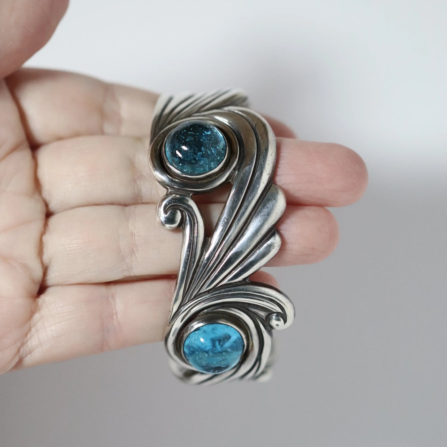 Vintage Los Castillo Jewelry | Cobalt Blue Glass Cuff Bracelet Taxco Mexico - Carmel Fine Silver Jewelry