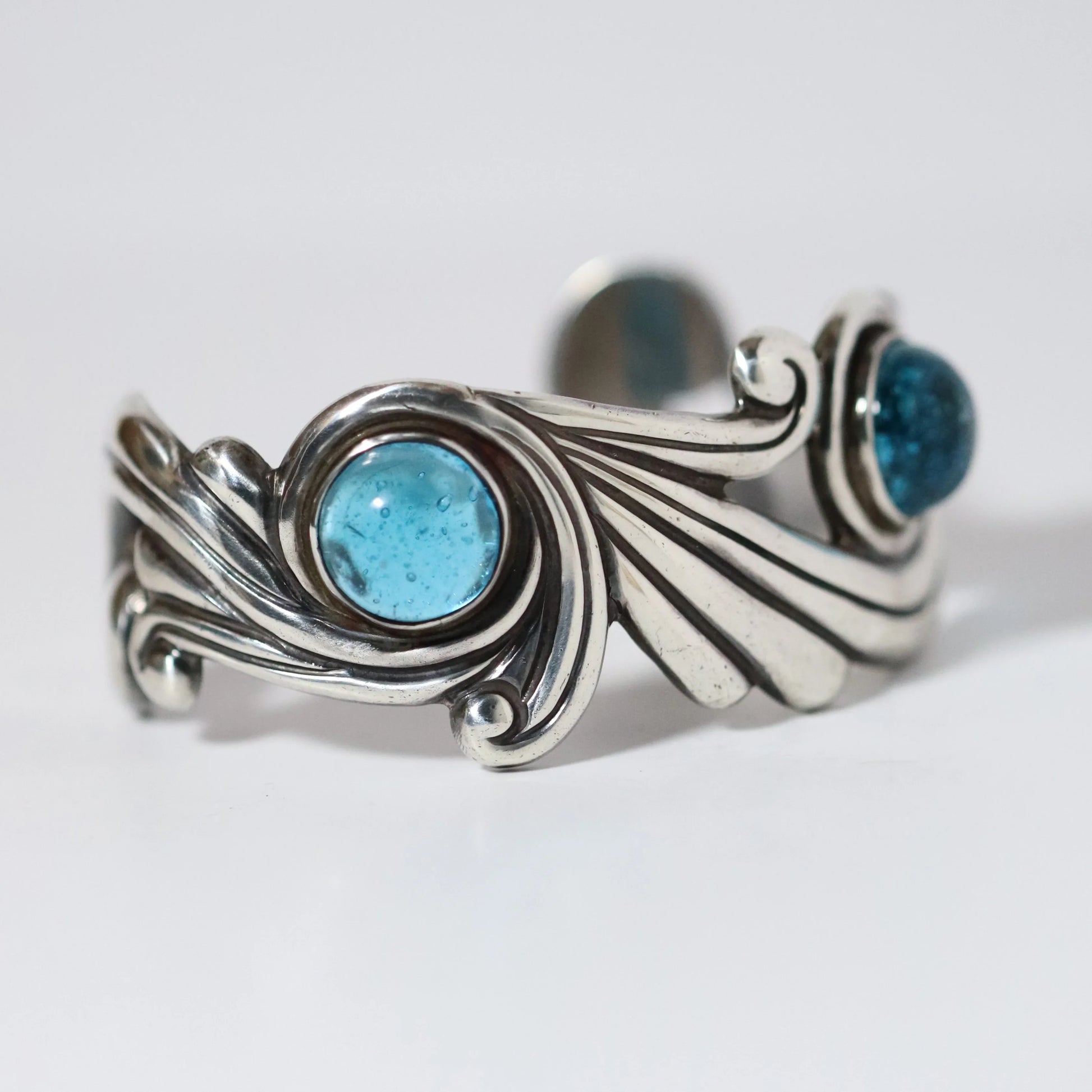 Vintage Los Castillo Jewelry | Cobalt Blue Glass Cuff Bracelet Taxco Mexico - Carmel Fine Silver Jewelry