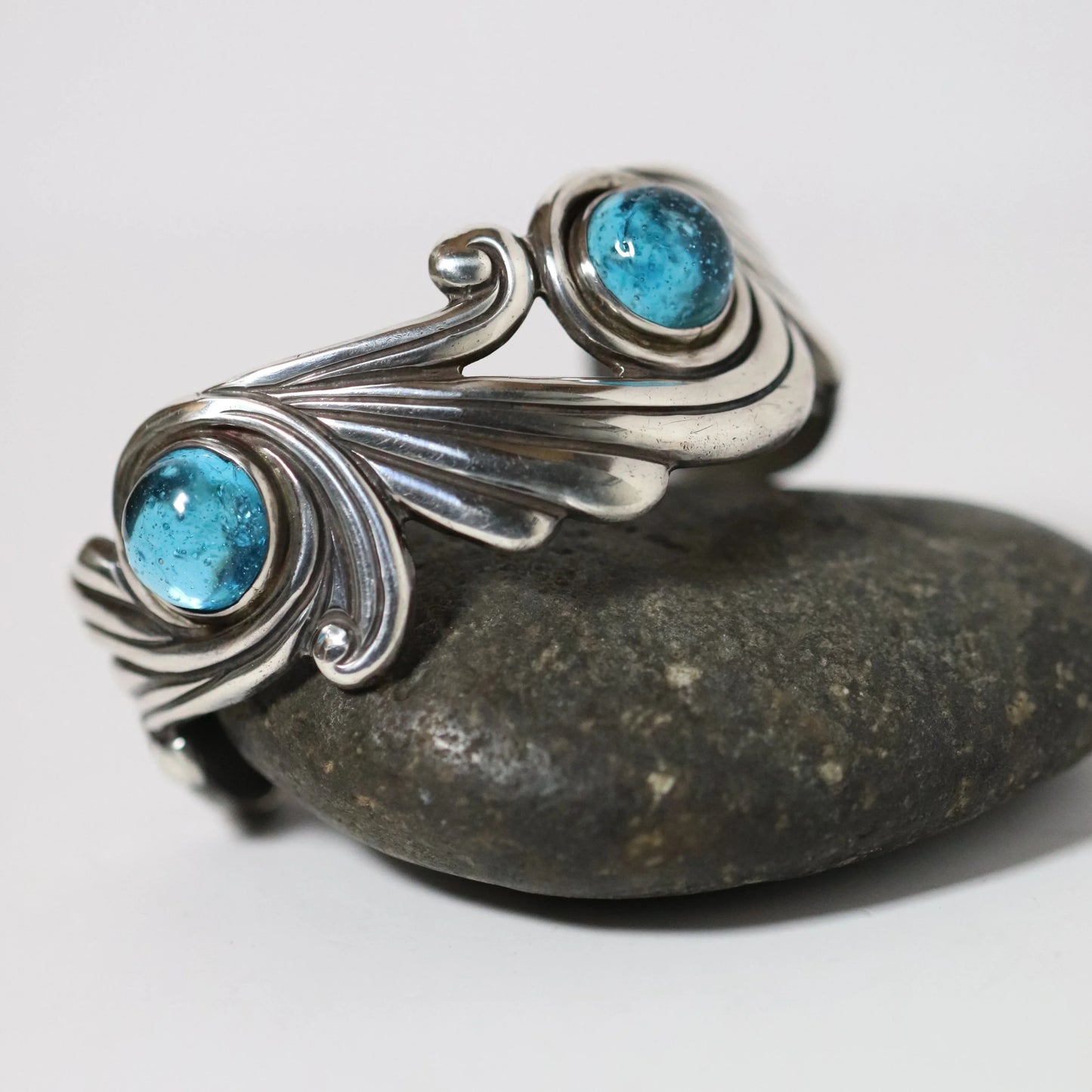 Vintage Los Castillo Jewelry | Cobalt Blue Glass Cuff Bracelet Taxco Mexico - Carmel Fine Silver Jewelry