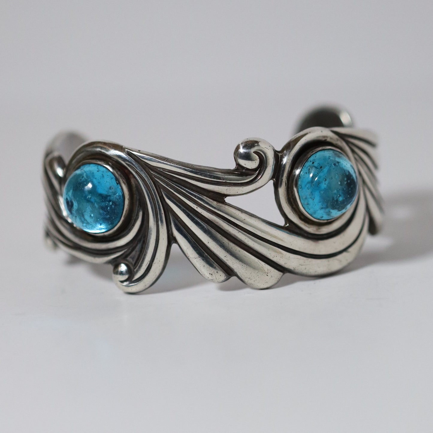 Vintage Los Castillo Jewelry | Cobalt Blue Glass Cuff Bracelet Taxco Mexico - Carmel Fine Silver Jewelry