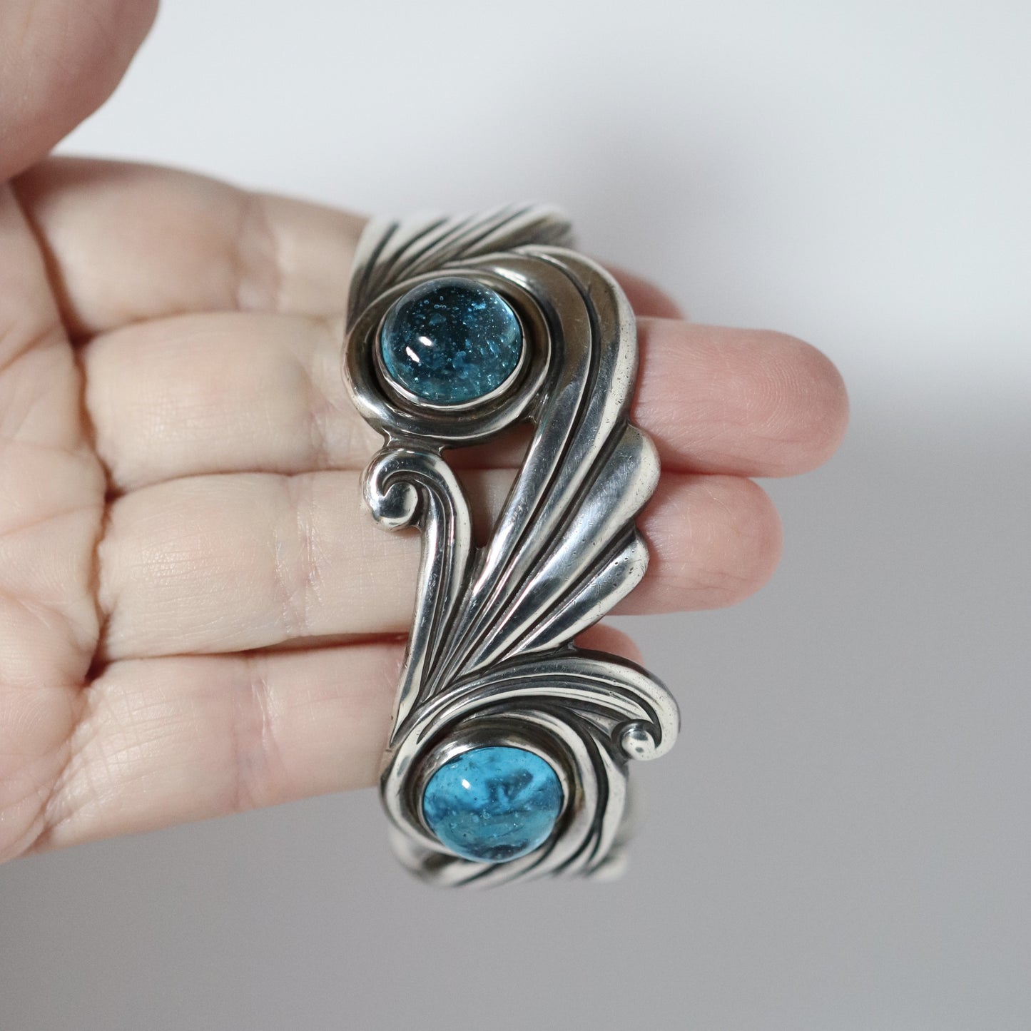 Vintage Los Castillo Jewelry | Cobalt Blue Glass Cuff Bracelet Taxco Mexico - Carmel Fine Silver Jewelry