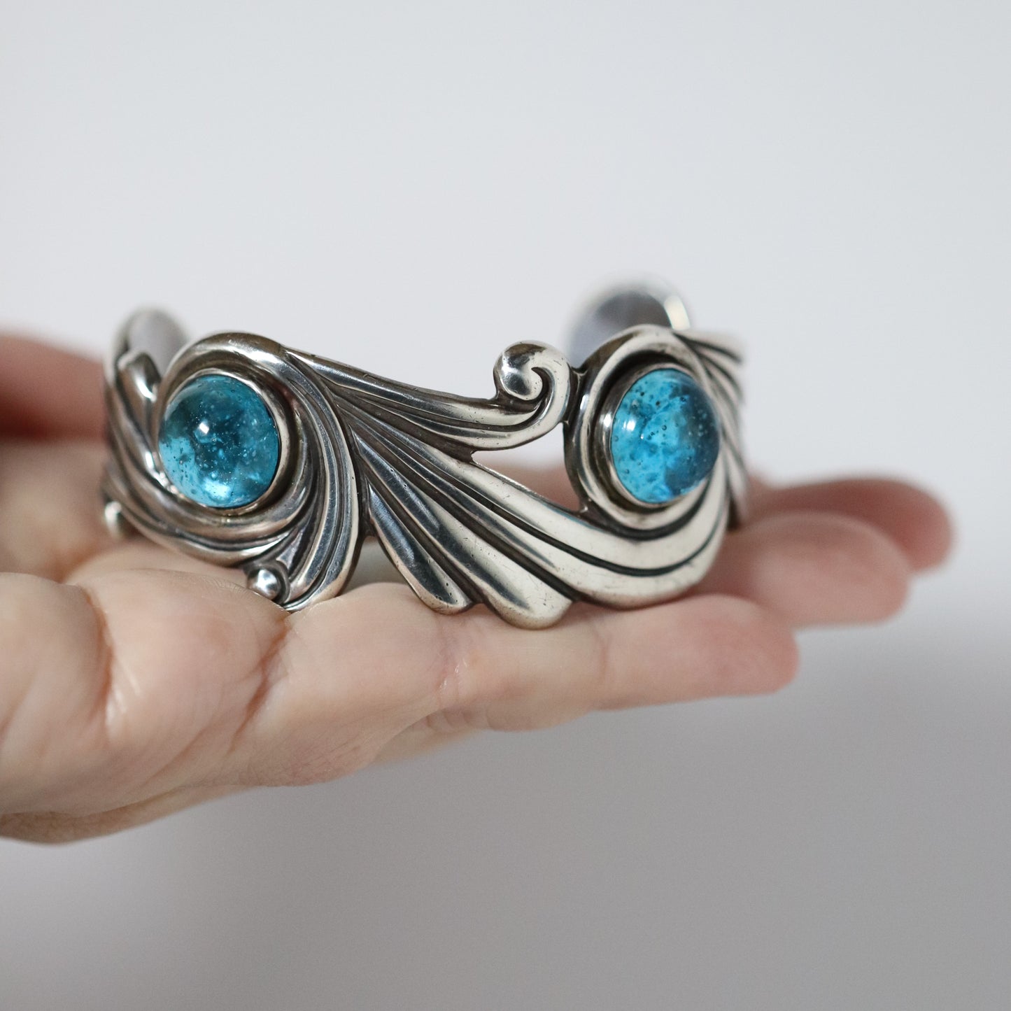 Vintage Los Castillo Jewelry | Cobalt Blue Glass Cuff Bracelet Taxco Mexico - Carmel Fine Silver Jewelry