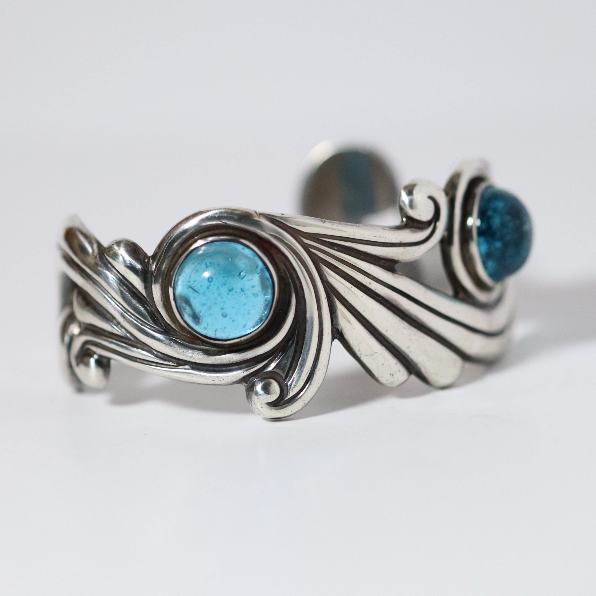 Vintage Los Castillo Jewelry | Cobalt Blue Glass Cuff Bracelet Taxco Mexico - Carmel Fine Silver Jewelry