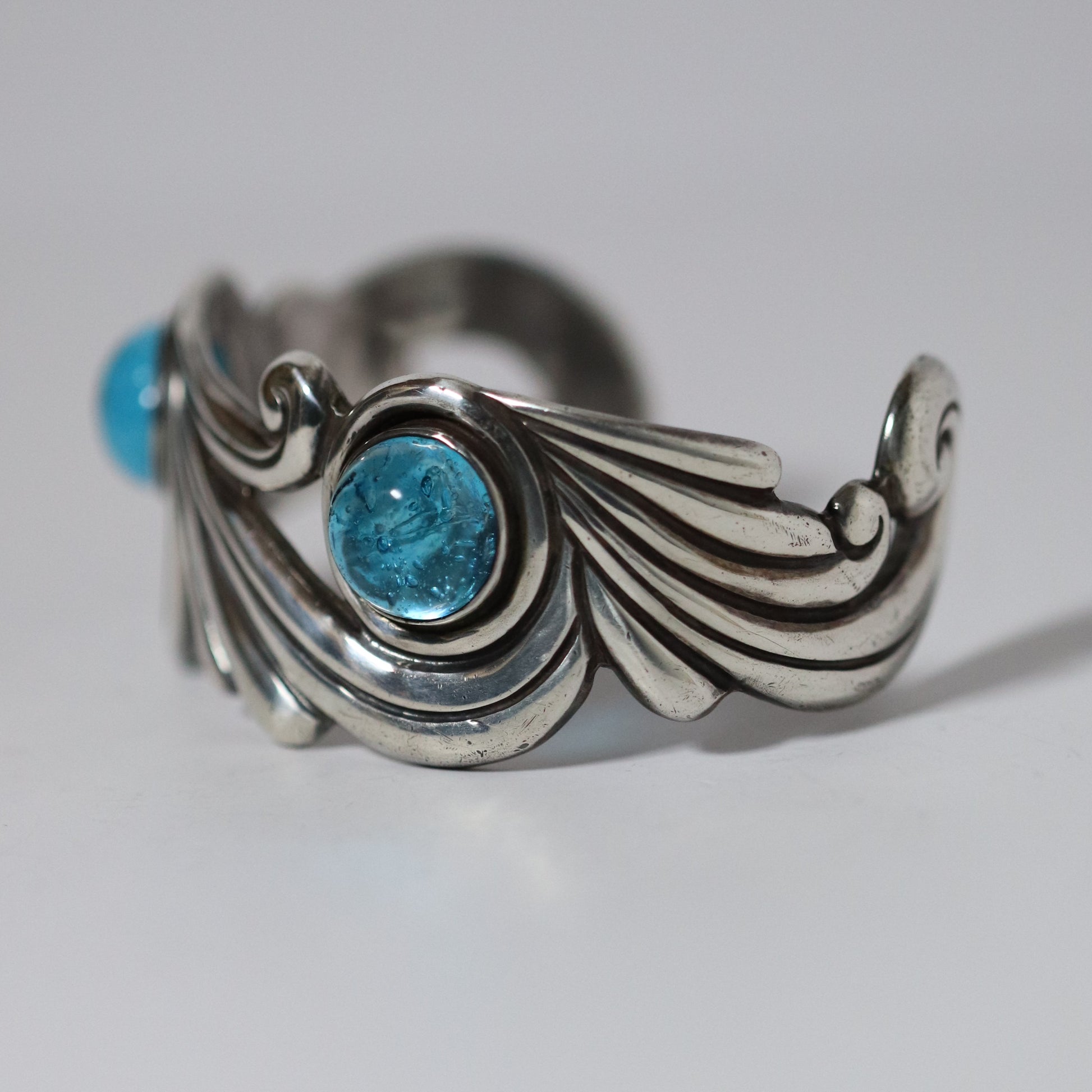 Vintage Los Castillo Jewelry | Cobalt Blue Glass Cuff Bracelet Taxco Mexico - Carmel Fine Silver Jewelry