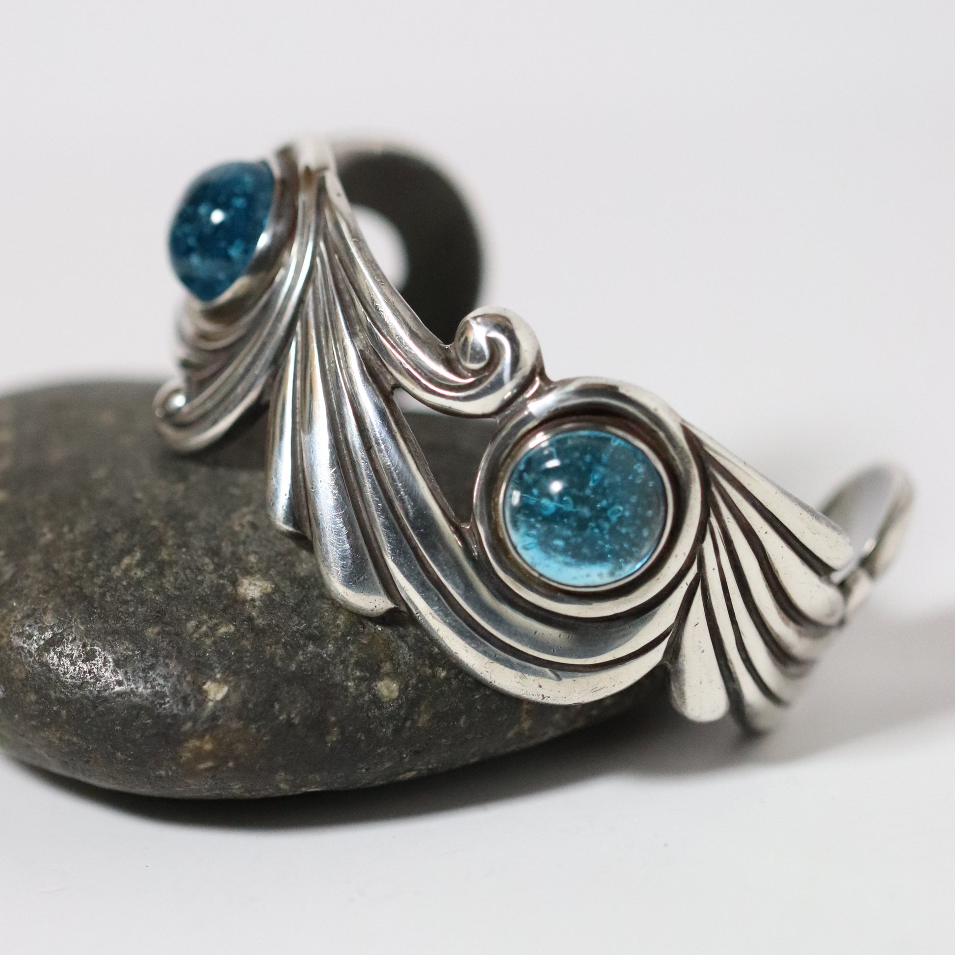 Vintage Los Castillo Jewelry | Cobalt Blue Glass Cuff Bracelet Taxco Mexico - Carmel Fine Silver Jewelry