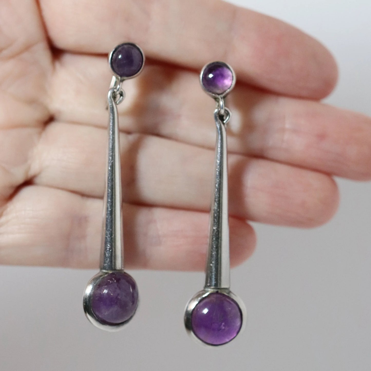 Vintage Los Castillo Jewelry | Modernist Dangling Amethyst Earrings Taxco Mexico - Carmel Fine Silver Jewelry