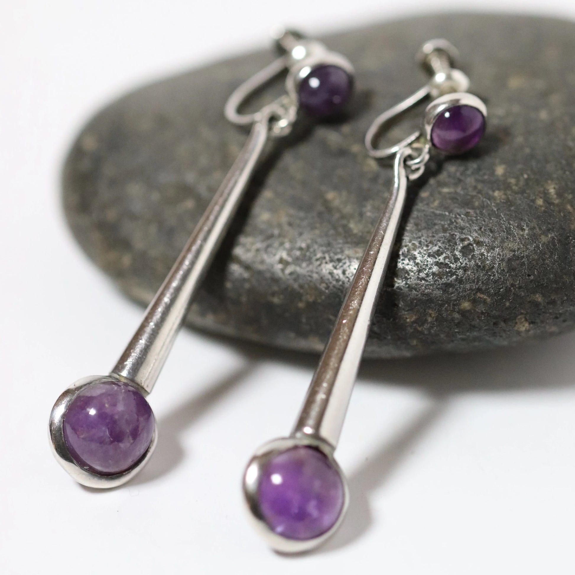 Vintage Los Castillo Jewelry | Modernist Dangling Amethyst Earrings Taxco Mexico - Carmel Fine Silver Jewelry