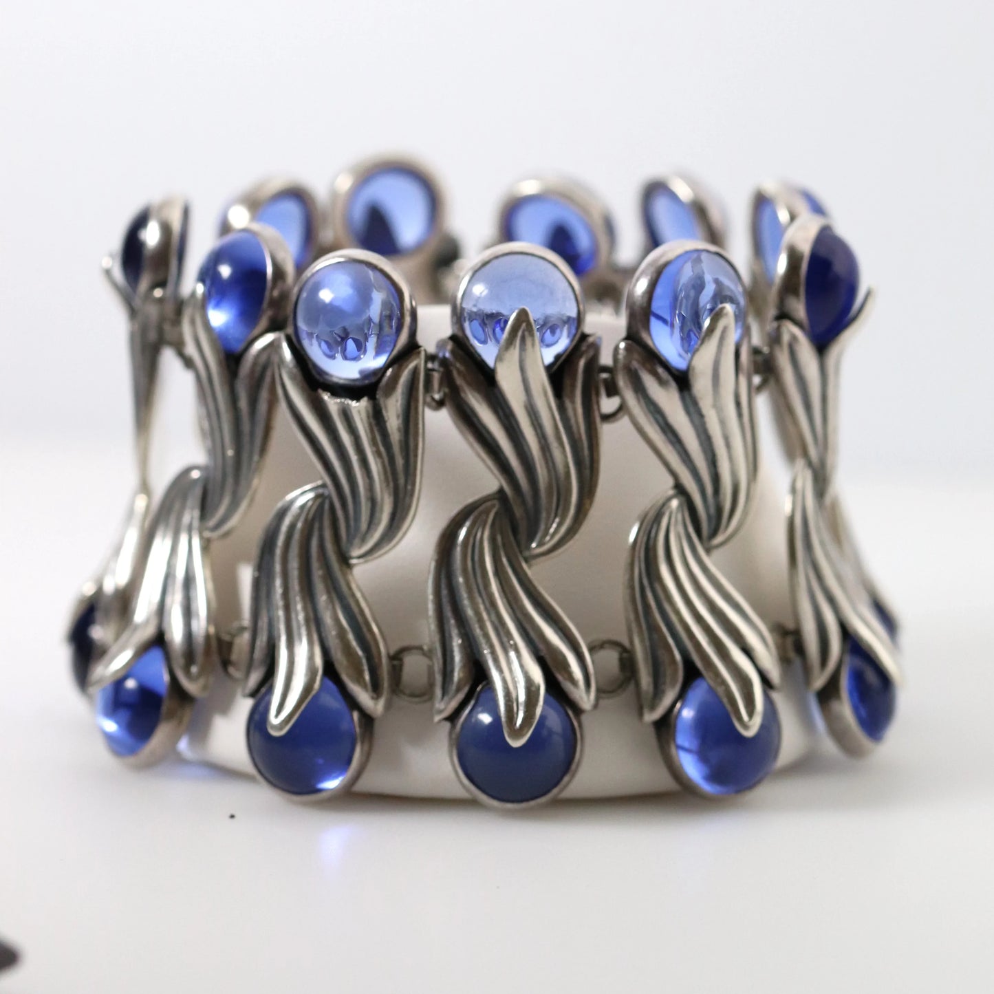 Vintage Los Castillo Taxco Mexican Jewelry | Blue Glass Tulip Statement Bracelet - Carmel Fine Silver Jewelry