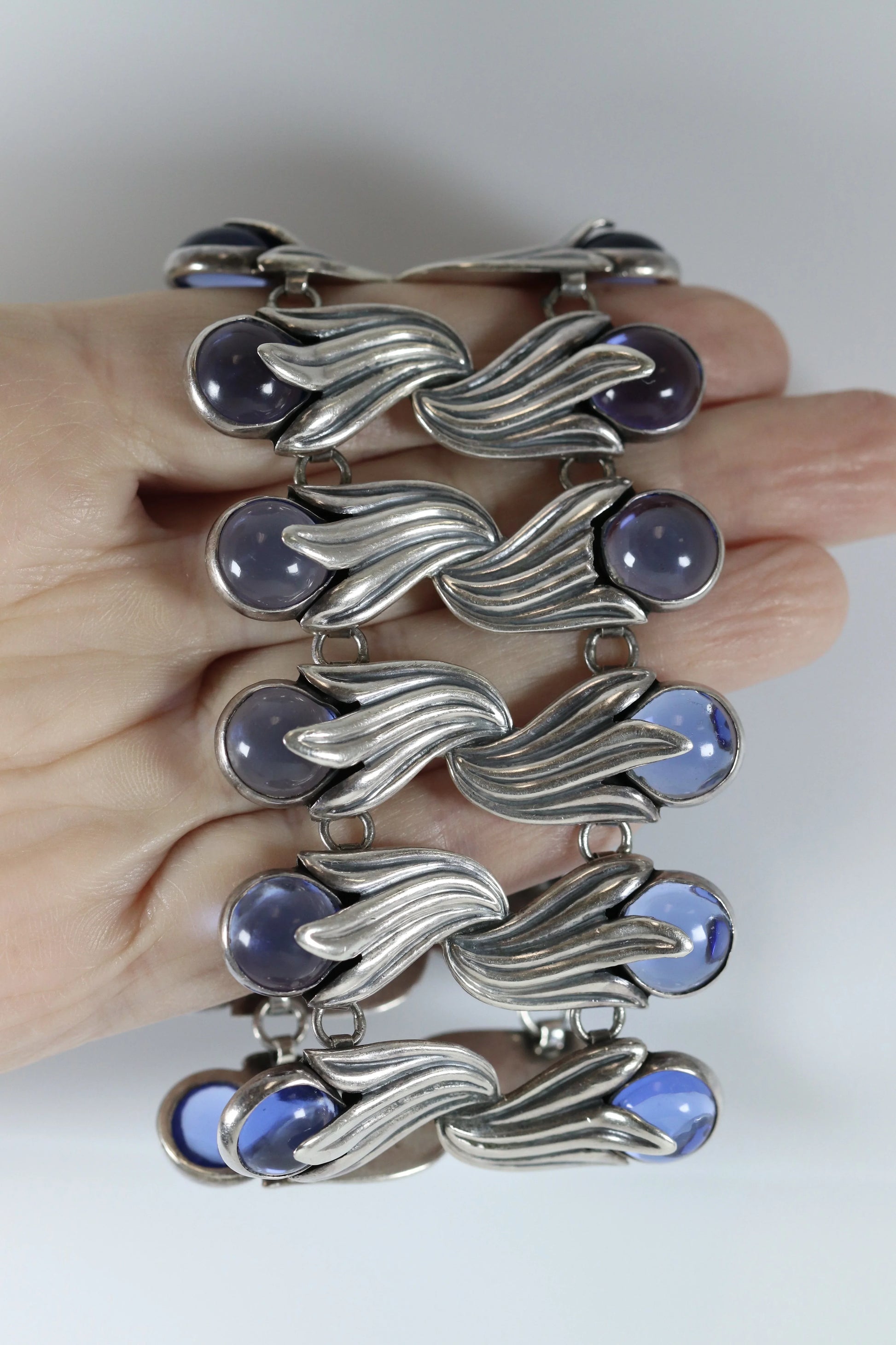 Vintage Los Castillo Taxco Mexican Jewelry | Blue Glass Tulip Statement Bracelet - Carmel Fine Silver Jewelry