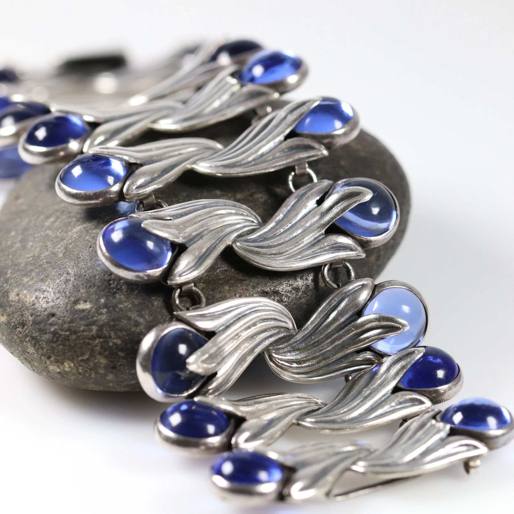 Vintage Los Castillo Taxco Mexican Jewelry | Blue Glass Tulip Statement Bracelet - Carmel Fine Silver Jewelry