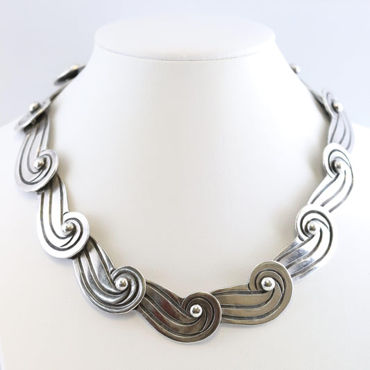 Vintage Los Castillo Taxco Mexican Jewelry | Swirl Panel Linked Necklace - Carmel FSJ