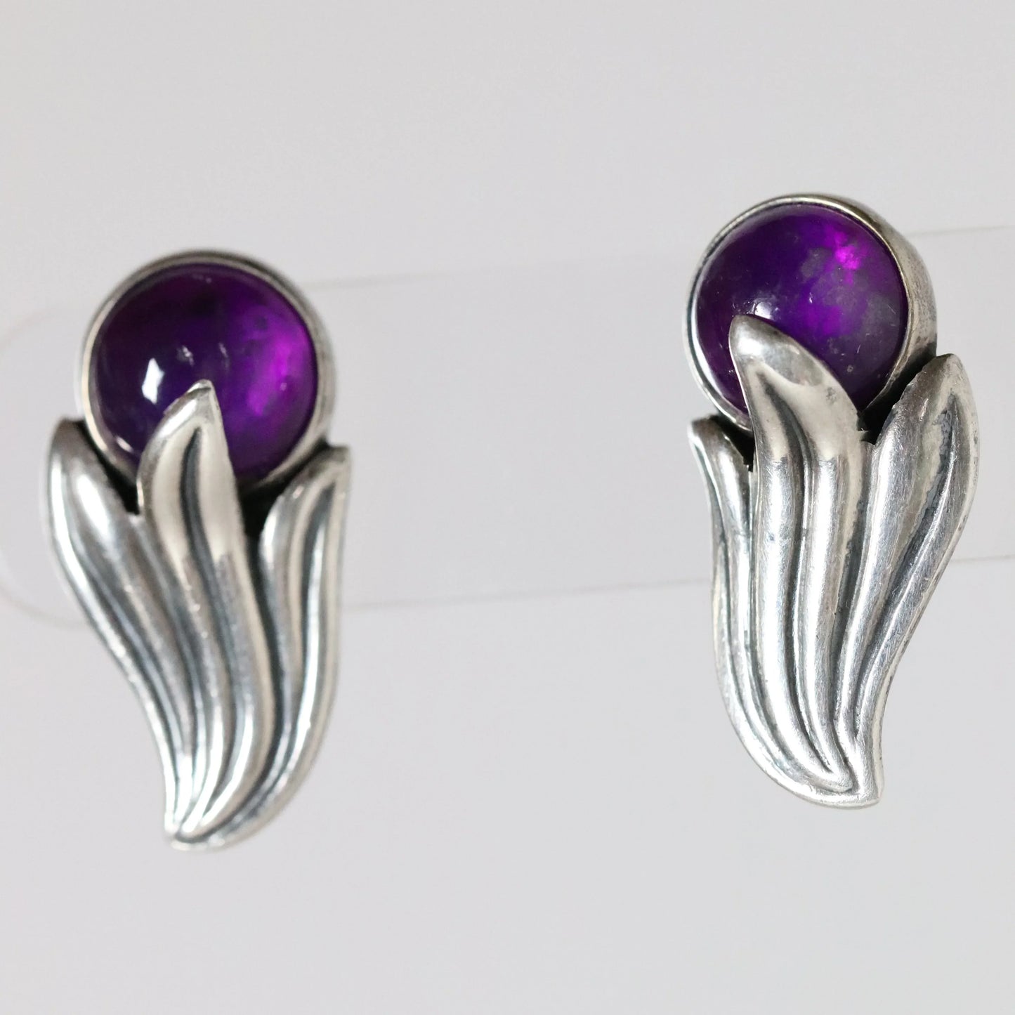 Vintage Los Castillo Taxco Silver Mexican Jewelry | Amethyst Bell Flower Screwback Earrings - Carmel Fine Silver Jewelry