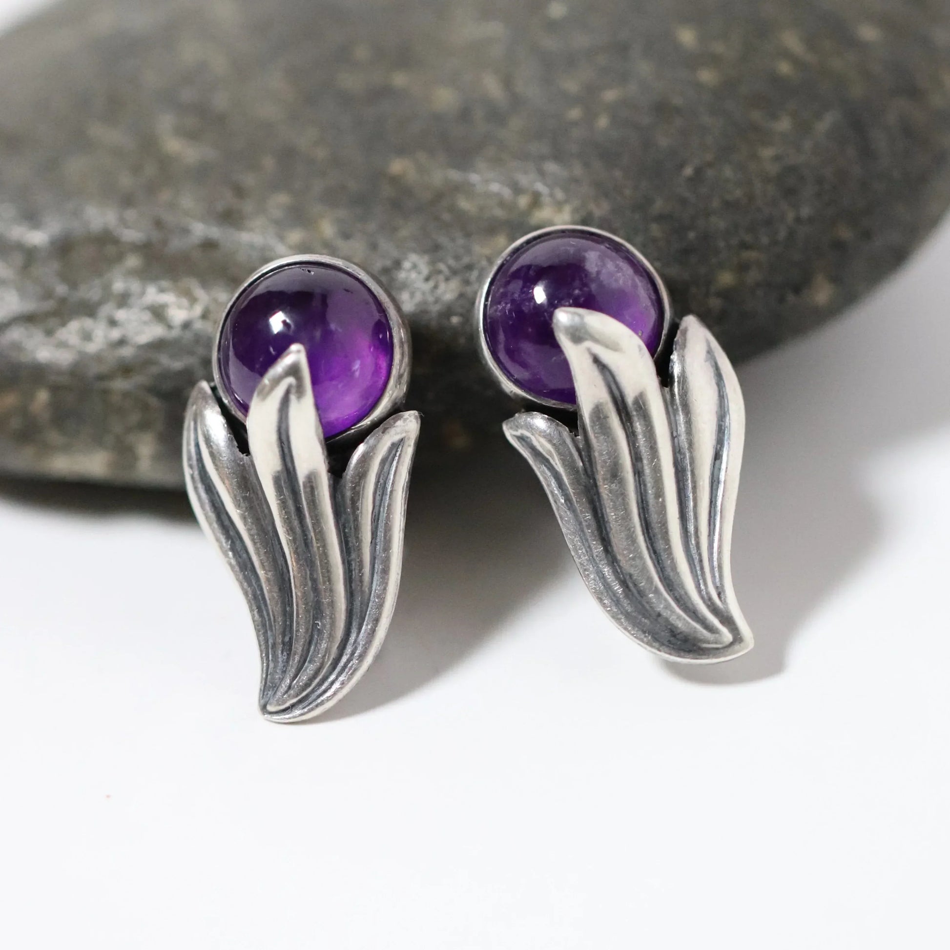 Vintage Los Castillo Taxco Silver Mexican Jewelry | Amethyst Bell Flower Screwback Earrings - Carmel Fine Silver Jewelry