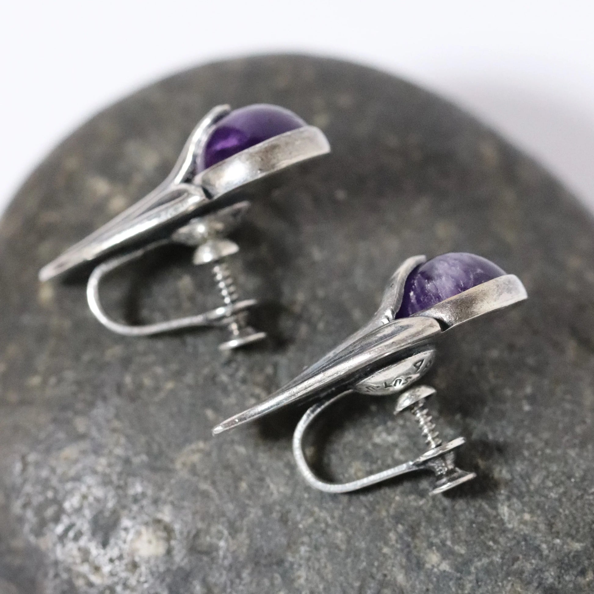 Vintage Los Castillo Taxco Silver Mexican Jewelry | Amethyst Bell Flower Screwback Earrings - Carmel Fine Silver Jewelry