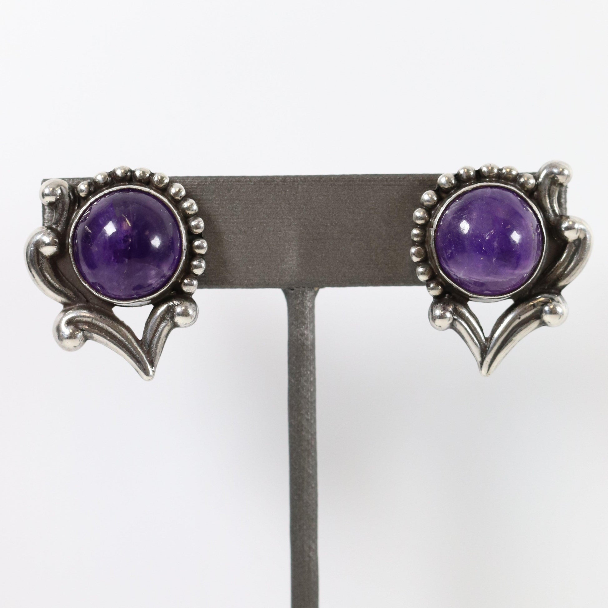 Vintage Los Castillo Taxco Silver Mexican Jewelry | Floral Handcrafted Amethyst Earrings - Carmel Fine Silver Jewelry