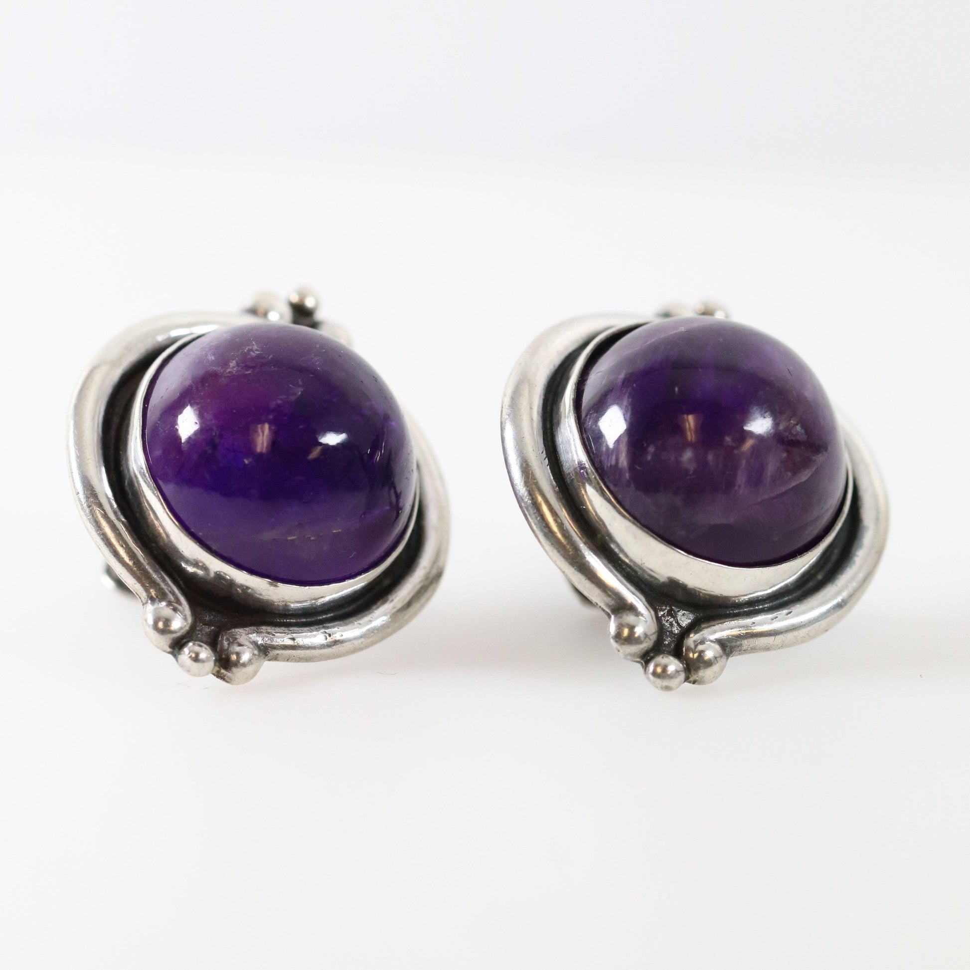 Vintage Los Castillo Taxco Silver Mexican Jewelry | Large Mid Century Amethyst and Silver Earrings - Carmel Fine Silver Jewelry