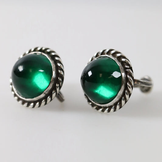 Vintage Los Castillo Taxco Silver Mexican Jewelry | Mid-Century Green Glass Earrings - Carmel Fine Silver Jewelry