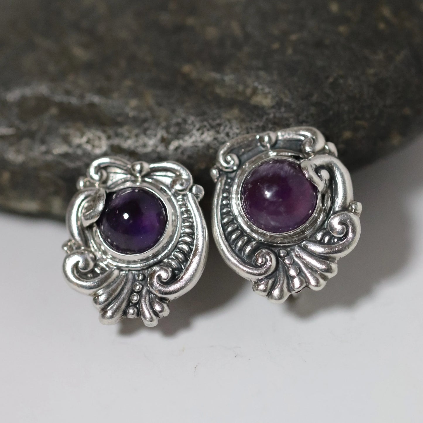 Vintage Margot de Taxco Jewelry | Amethyst Floral Earrings Taxco Mexico - Carmel Fine Silver Jewelry