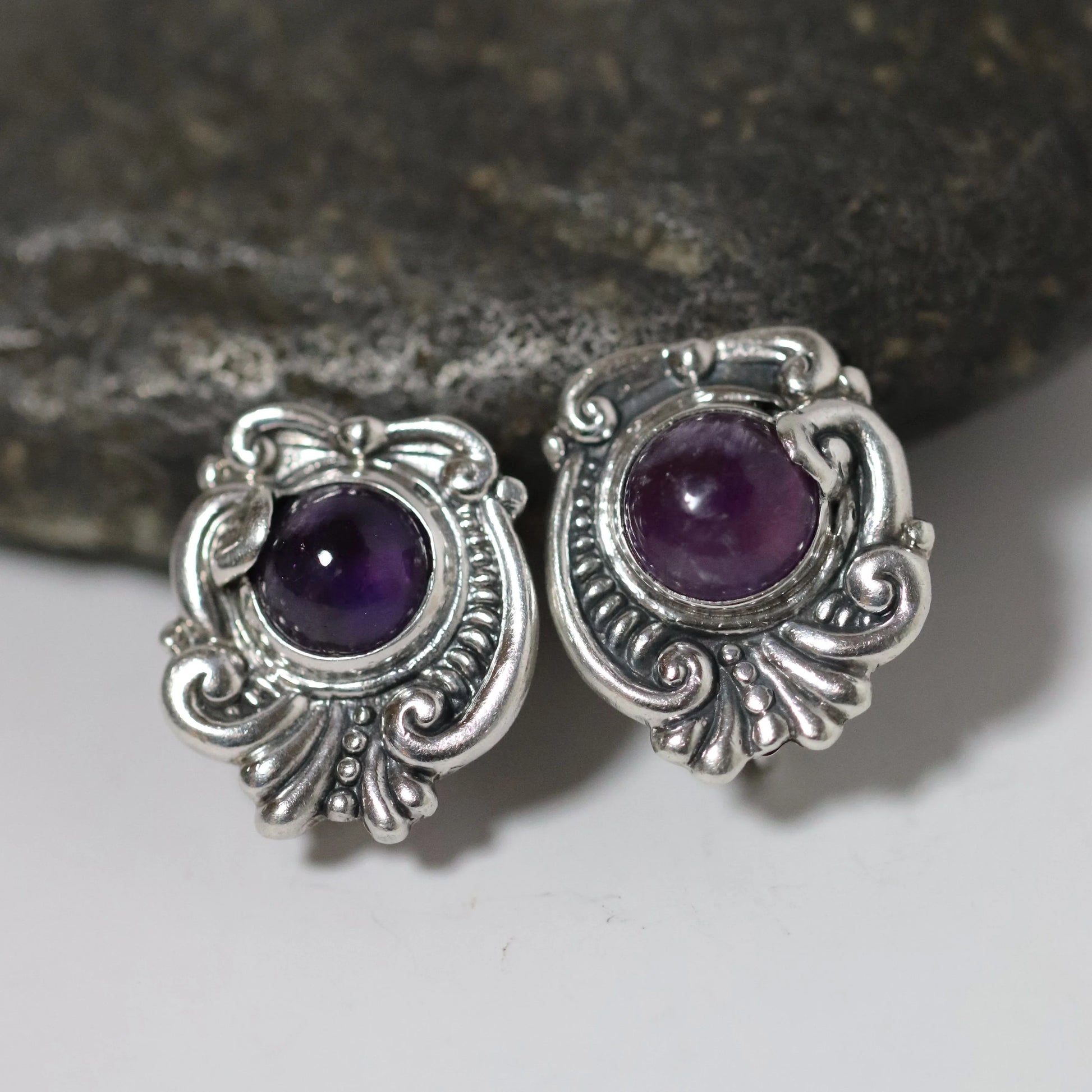 Vintage Margot de Taxco Jewelry | Amethyst Floral Earrings Taxco Mexico - Carmel Fine Silver Jewelry