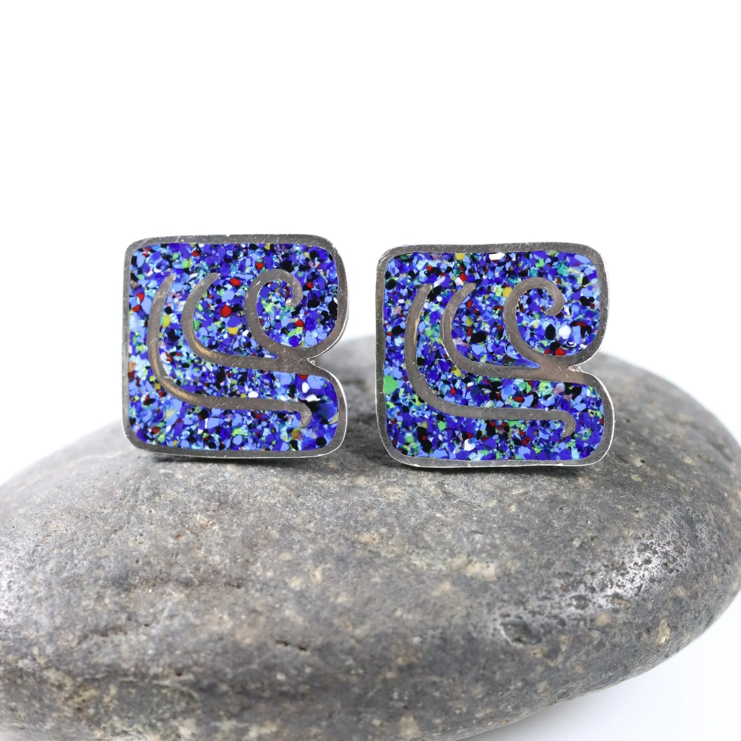 Vintage Margot de Taxco Jewelry | Confetti Men's Tribal Theme Cufflinks - Carmel Fine Silver Jewelry