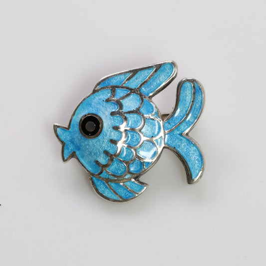 Vintage Margot de Taxco Jewelry | Petite Light Blue Enamel Fish Brooch - Carmel Fine Silver Jewelry