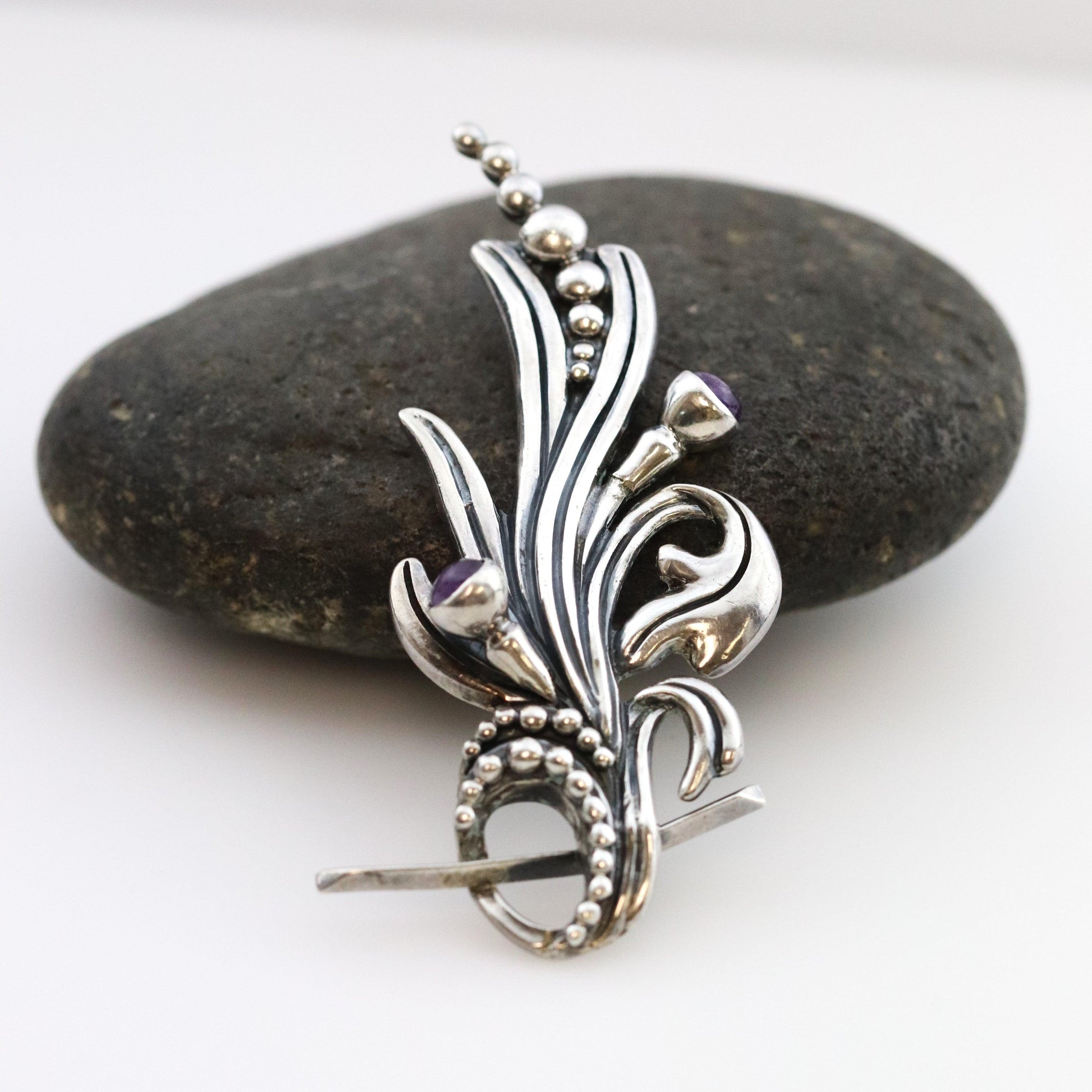 Vintage Margot de Taxco Mexican Jewelry | Ornate Amethyst Floral Brooch - Carmel FSJ