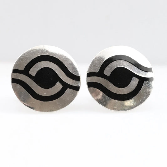 Vintage Margot de Taxco Mexican Jewelry | Round Modernist Black Enamel Cufflinks - Carmel Fine Silver Jewelry