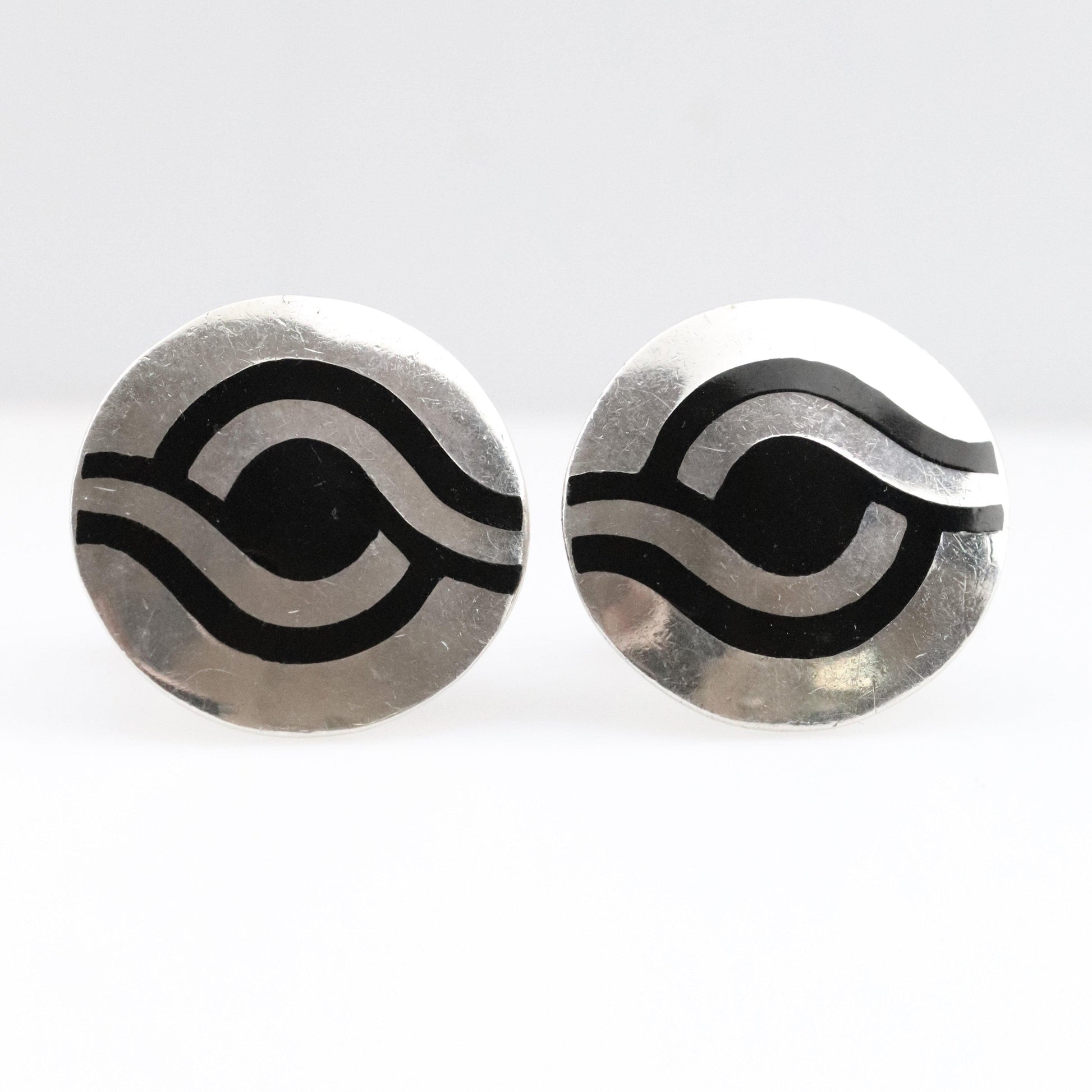 Vintage Margot de Taxco Mexican Jewelry | Round Modernist Black Enamel Cufflinks - Carmel Fine Silver Jewelry