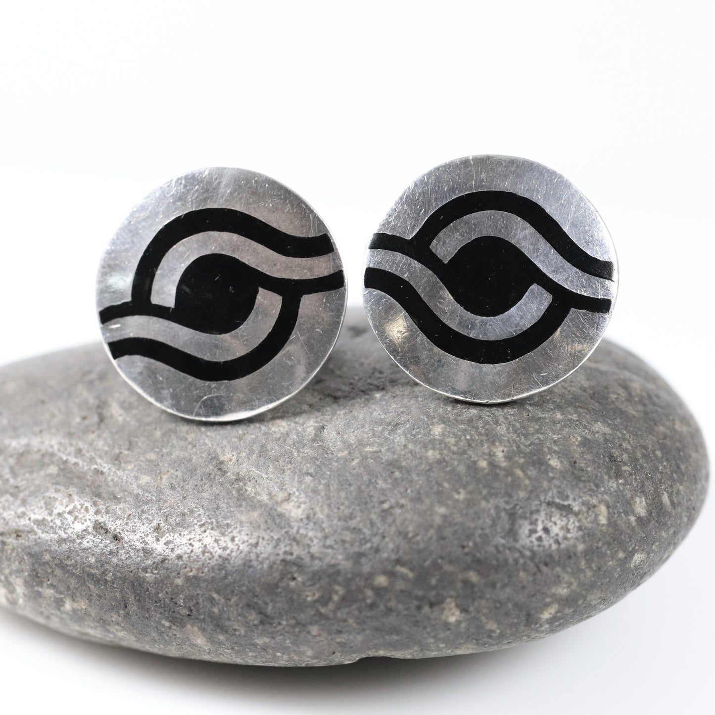 Vintage Margot de Taxco Mexican Jewelry | Round Modernist Black Enamel Cufflinks - Carmel Fine Silver Jewelry