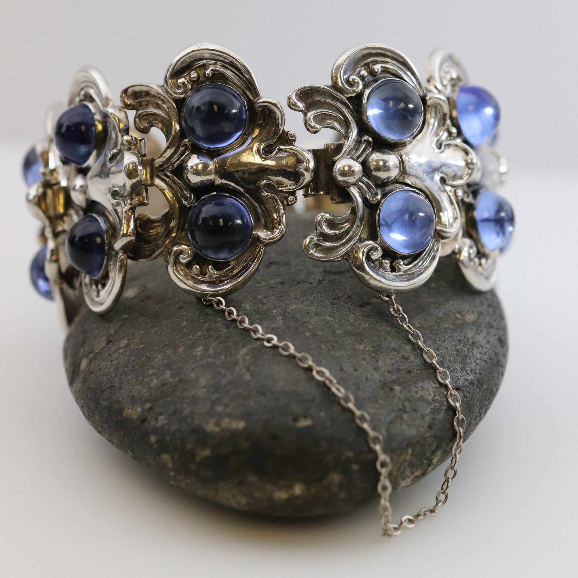 Vintage Margot de Taxco Silver Mexican Jewelry | Blue Glass Floral Bracelet 5513 - Carmel Fine Silver Jewelry