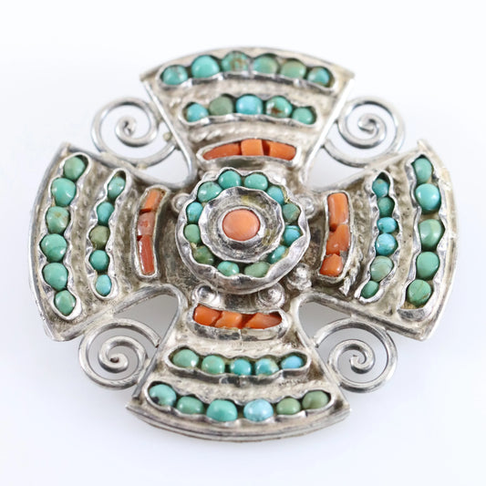 Vintage Matilde Poulat Jewelry | MATL Turquoise and Coral Sterling Silver Brooch Mexico - Carmel Fine Silver Jewelry