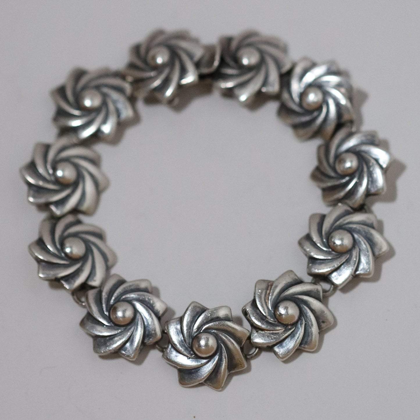 Vintage Mexican Artisan Jewelry | Floral Link Sterling Silver Bracelet Mexico - Carmel Fine Silver Jewelry
