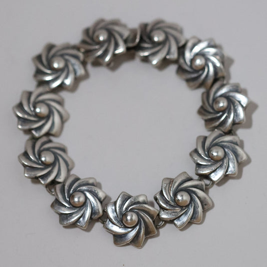 Vintage Mexican Artisan Jewelry | Floral Link Sterling Silver Bracelet Mexico - Carmel Fine Silver Jewelry