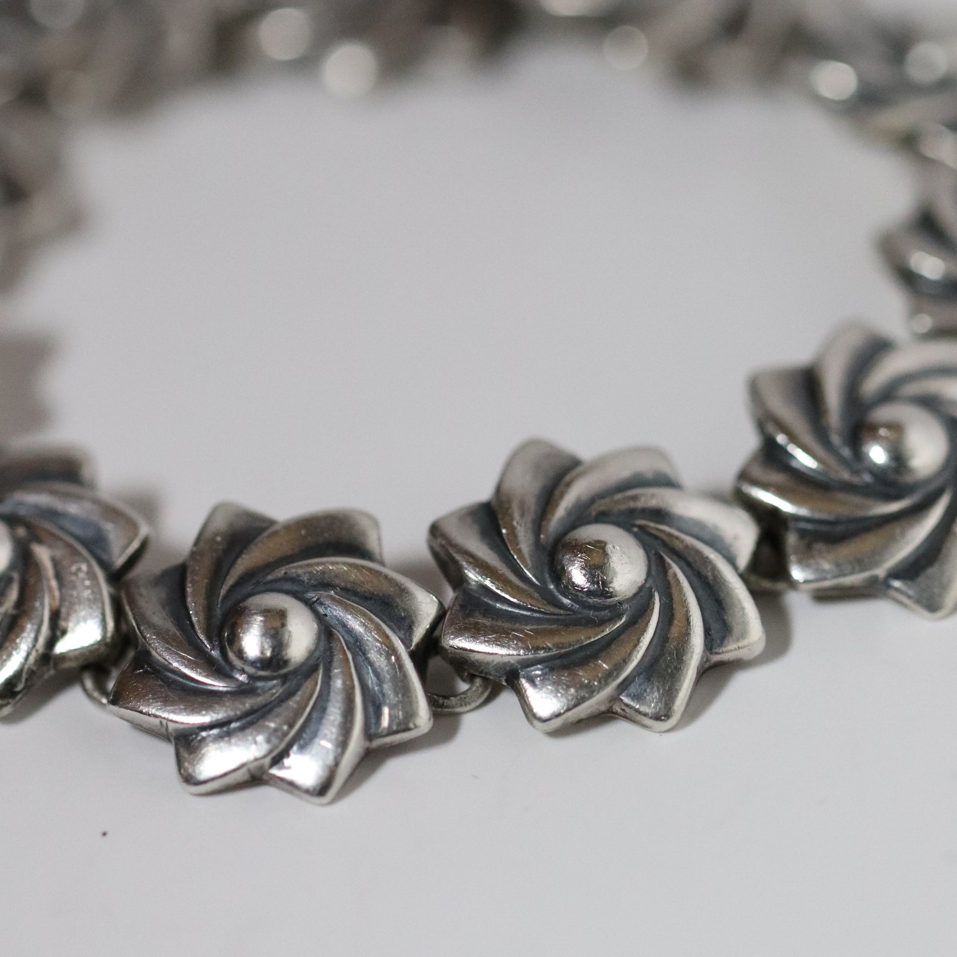 Vintage Mexican Artisan Jewelry | Floral Link Sterling Silver Bracelet Mexico - Carmel Fine Silver Jewelry