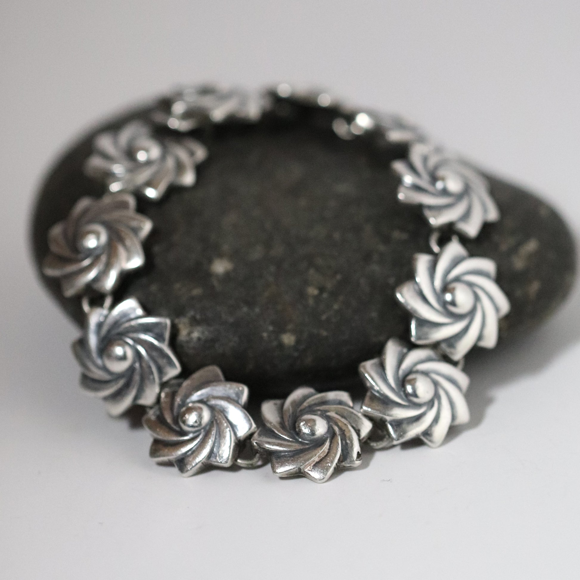 Vintage Mexican Artisan Jewelry | Floral Link Sterling Silver Bracelet Mexico - Carmel Fine Silver Jewelry
