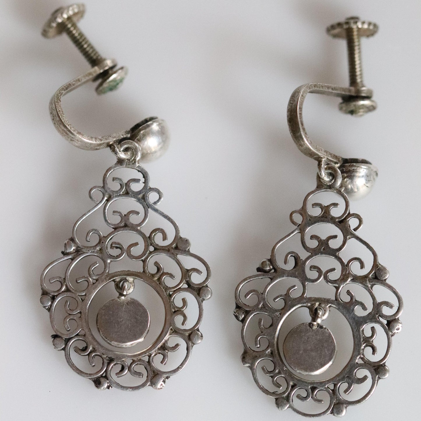 Vintage Modernist Silver Jewelry | Silver Ball and Lace Screwback Earrings - Carmel Fine Silver Jewelry