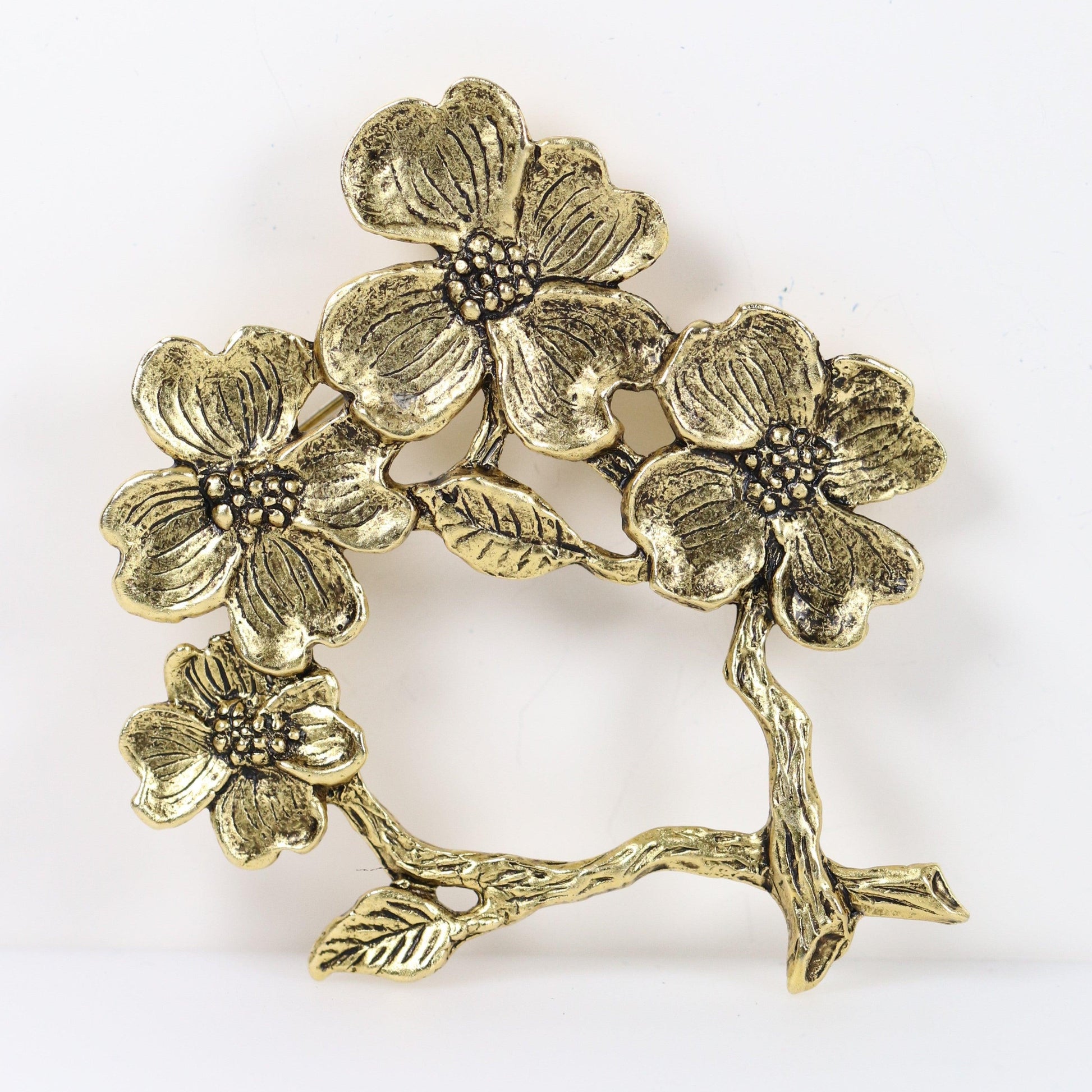 Vintage Peggy Yunque Jewelry | Gold Tone Dogwood Floral Brooch - Carmel Fine Silver Jewelry