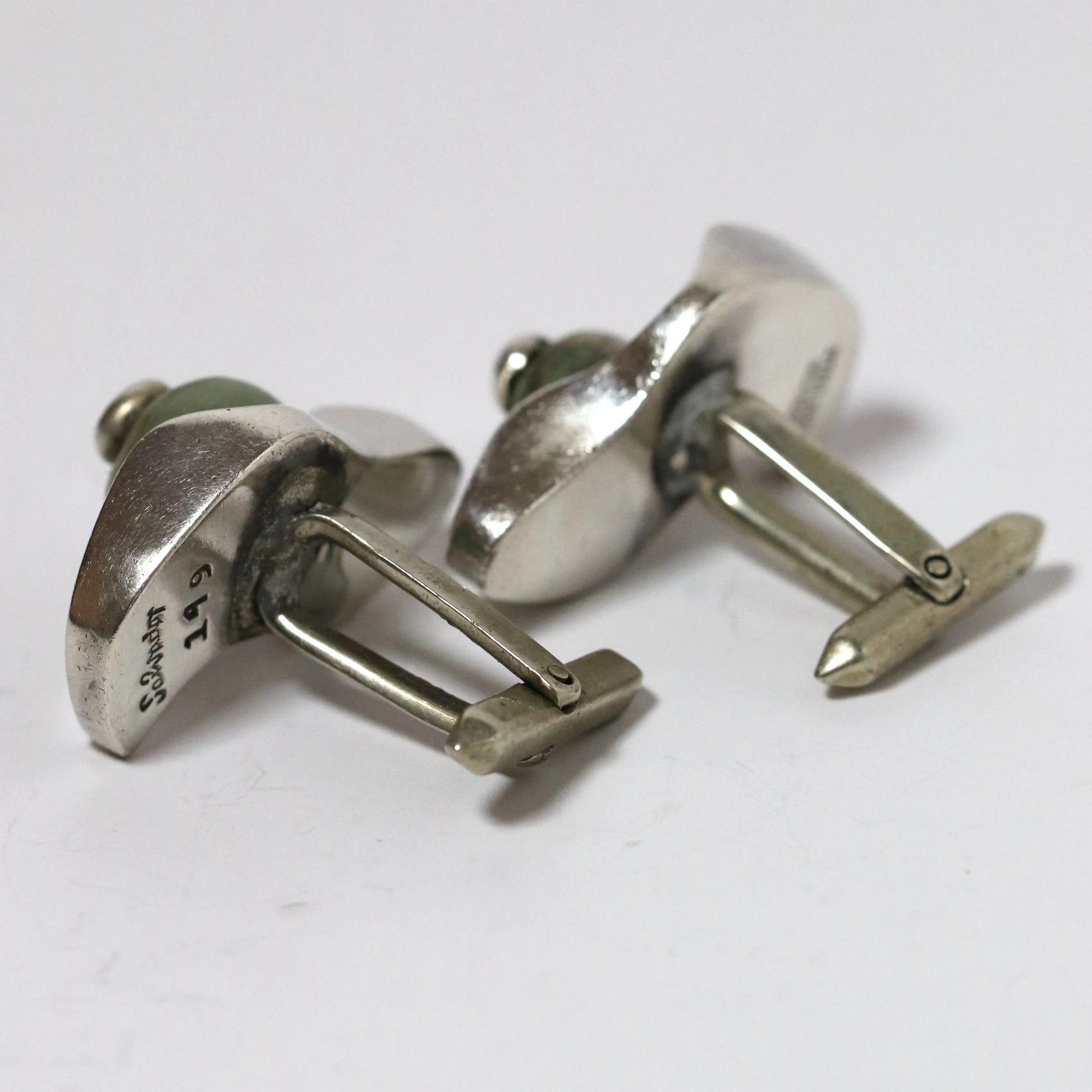 Vintage Salvador Teran Jewelry | Chunky Abstract Cufflinks with Green Stone Taxco Mexico - Carmel Fine Silver Jewelry