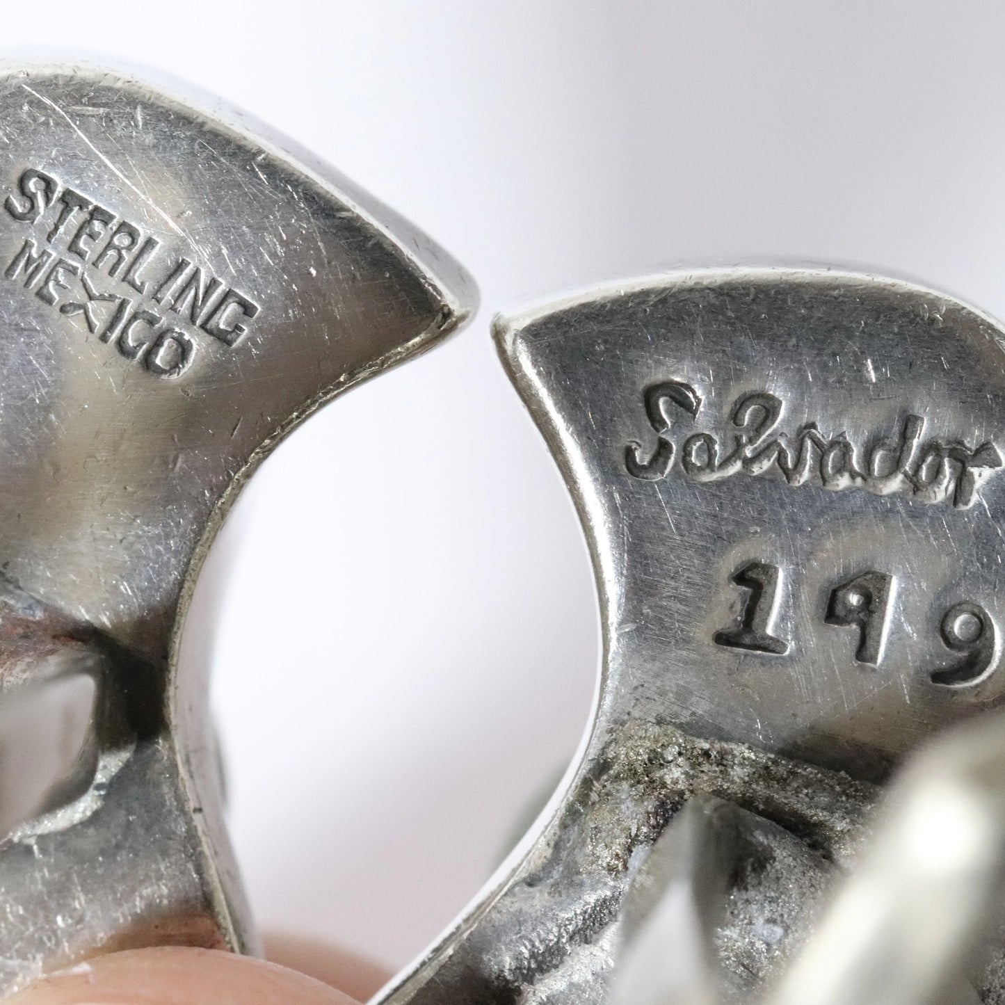 Vintage Salvador Teran Jewelry | Chunky Abstract Cufflinks with Green Stone Taxco Mexico - Carmel Fine Silver Jewelry
