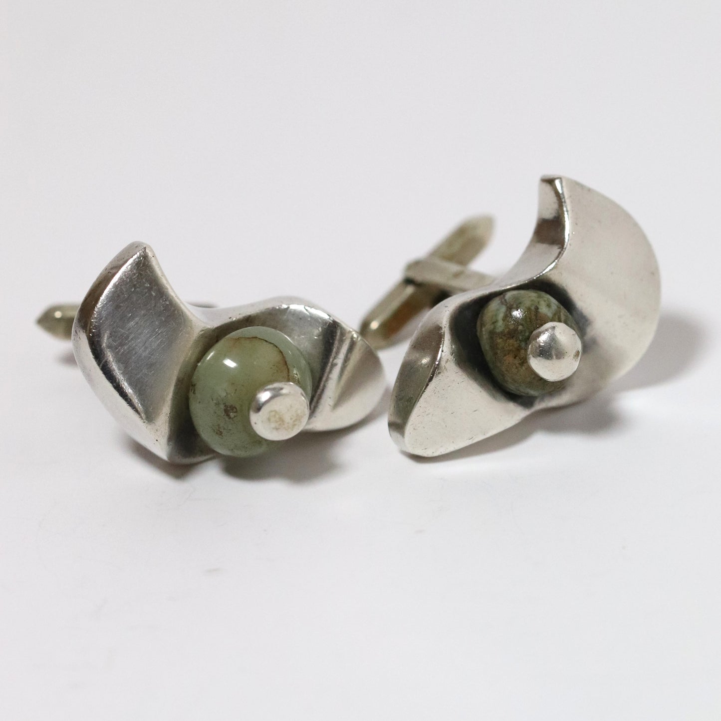 Vintage Salvador Teran Jewelry | Chunky Abstract Cufflinks with Green Stone Taxco Mexico - Carmel FSJ
