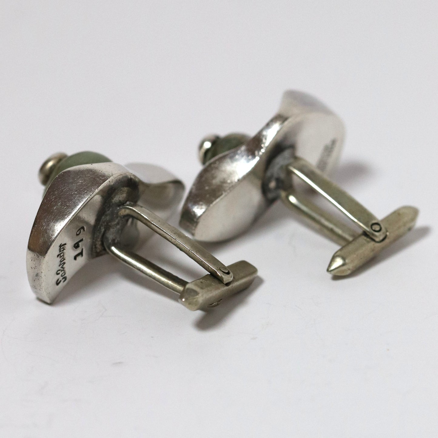 Vintage Salvador Teran Jewelry | Chunky Abstract Cufflinks with Green Stone Taxco Mexico - Carmel FSJ