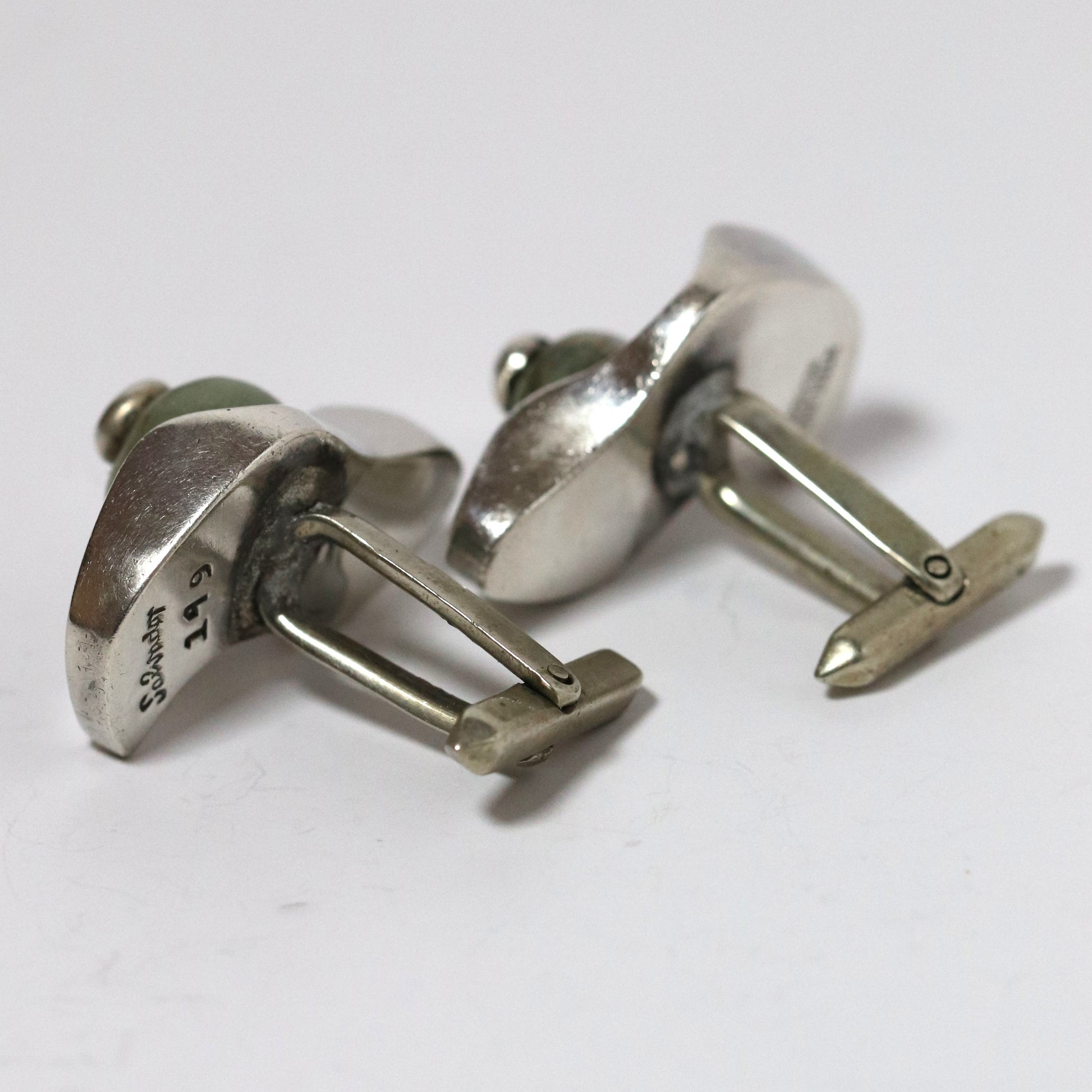 Vintage Salvador Teran Jewelry | Chunky Abstract Cufflinks with Green Stone Taxco Mexico - Carmel FSJ