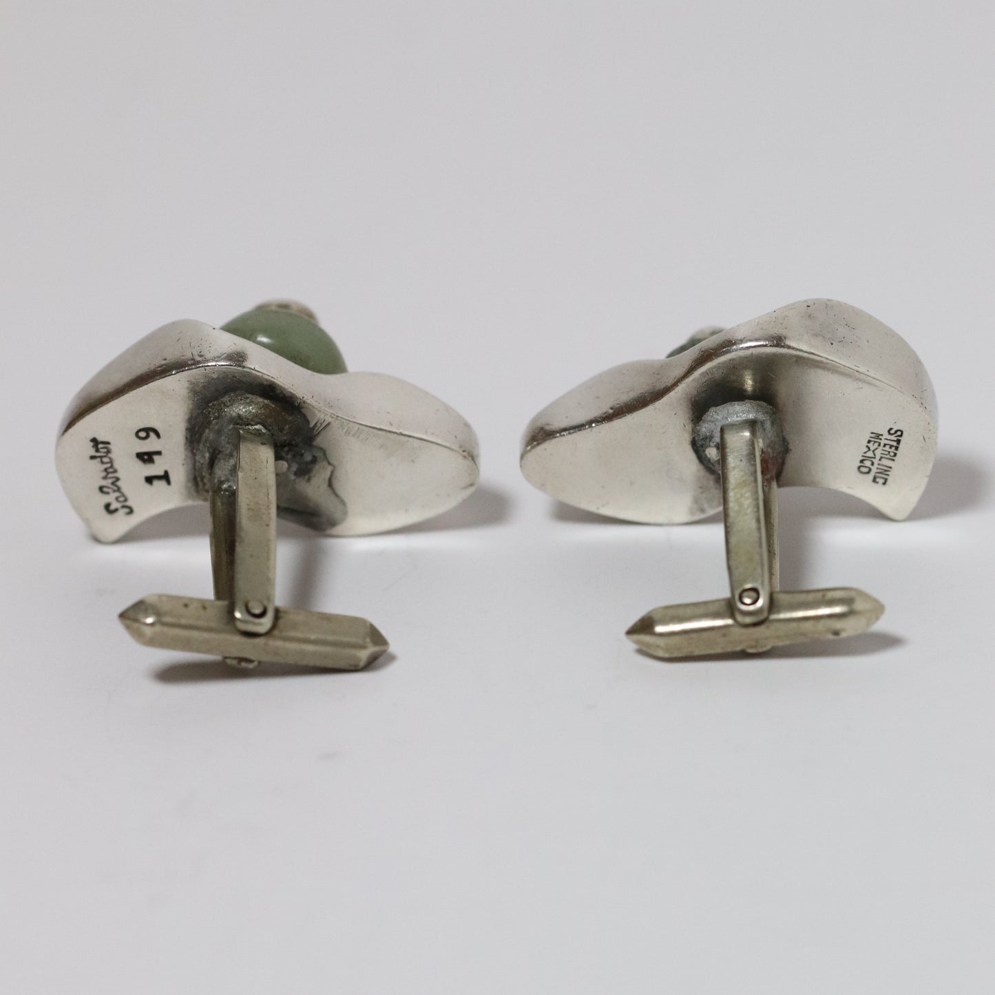 Vintage Salvador Teran Jewelry | Chunky Abstract Cufflinks with Green Stone Taxco Mexico - Carmel FSJ