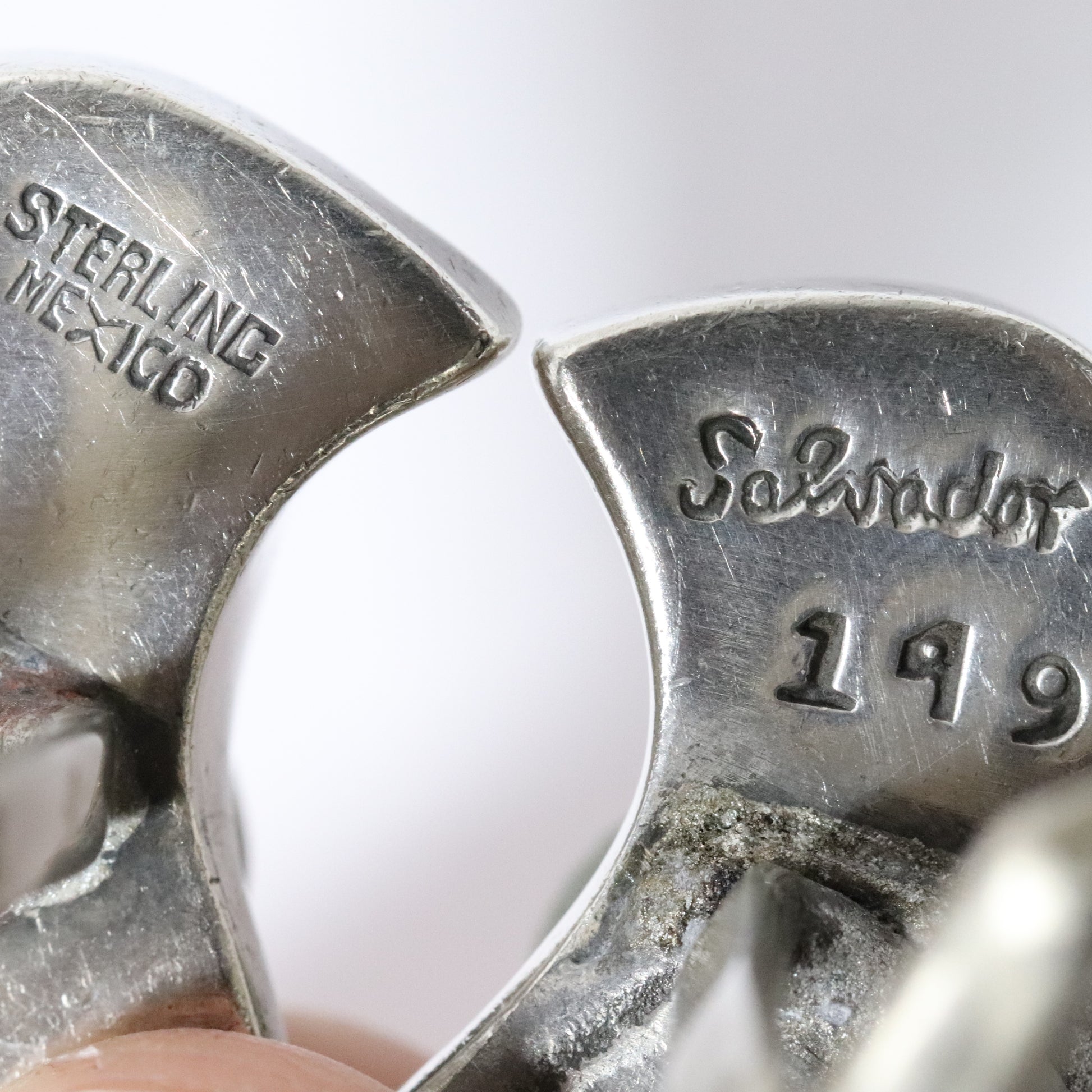 Vintage Salvador Teran Jewelry | Chunky Abstract Cufflinks with Green Stone Taxco Mexico - Carmel FSJ