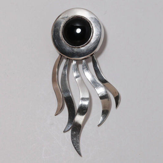 Vintage Sigi Pineda Taxco Jewelry | Modernist Onyx Sun Brooch