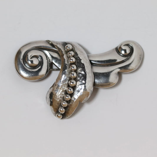 Vintage Silver Jewelry | Hammered Scandinavian Style Sterling Brooch with Bead Detail - Carmel Fine Silver Jewelry