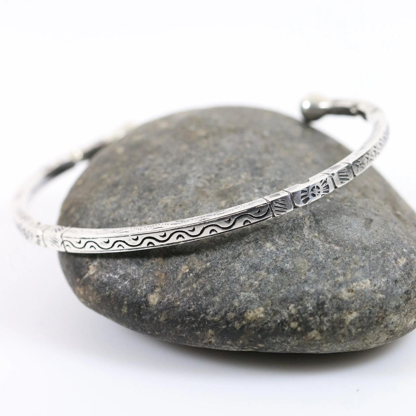 Vintage Silver Jewelry | Solid Detailed Etched Cuff Bracelet - Carmel Fine Silver Jewelry
